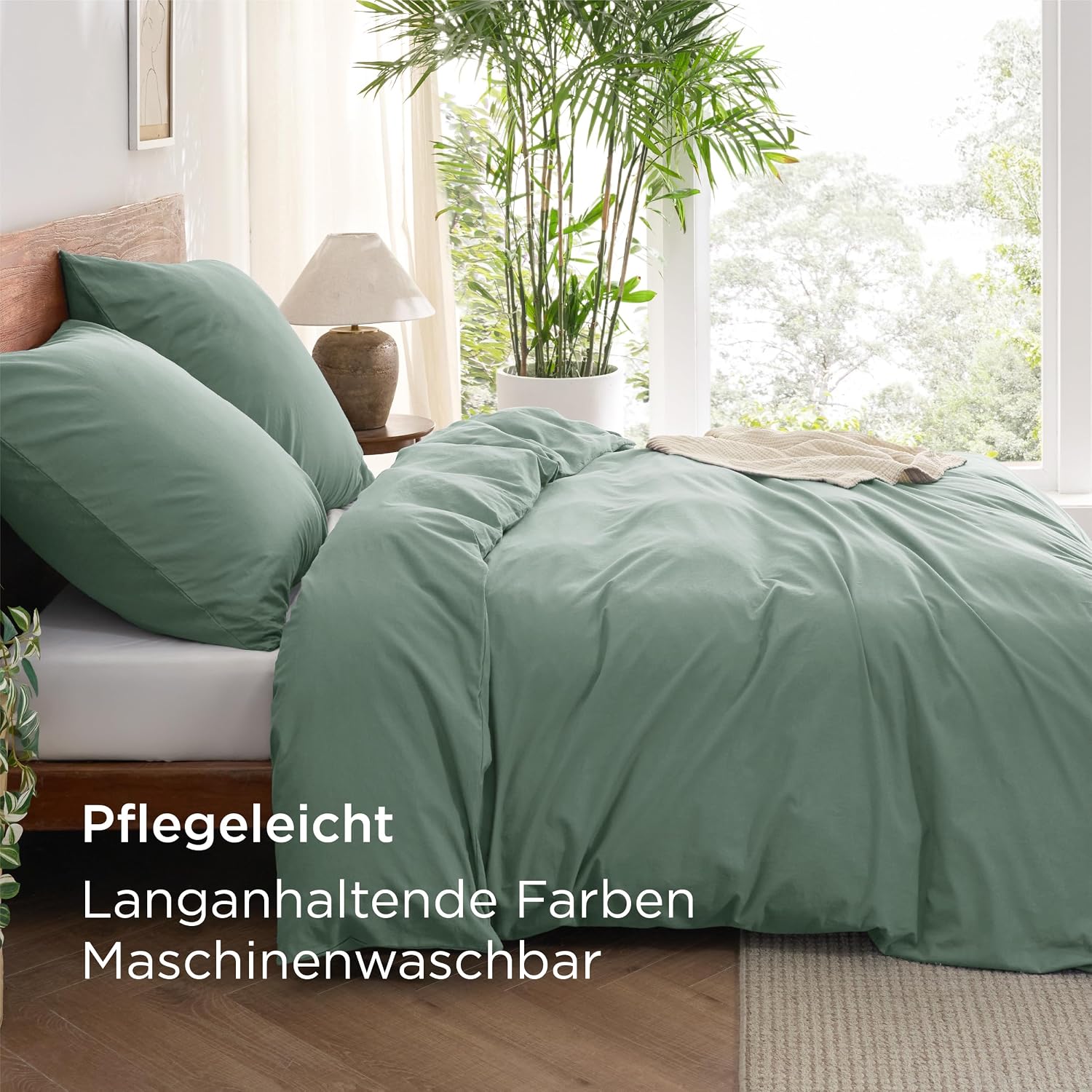 Thumbnail 5 de BEDSURE Bettwäsche 200x200 Baumwolle 3-teilig Salbeigrün (mit Reißverschluss) – Bettbezug & 2 Kissenbezüge 80x80