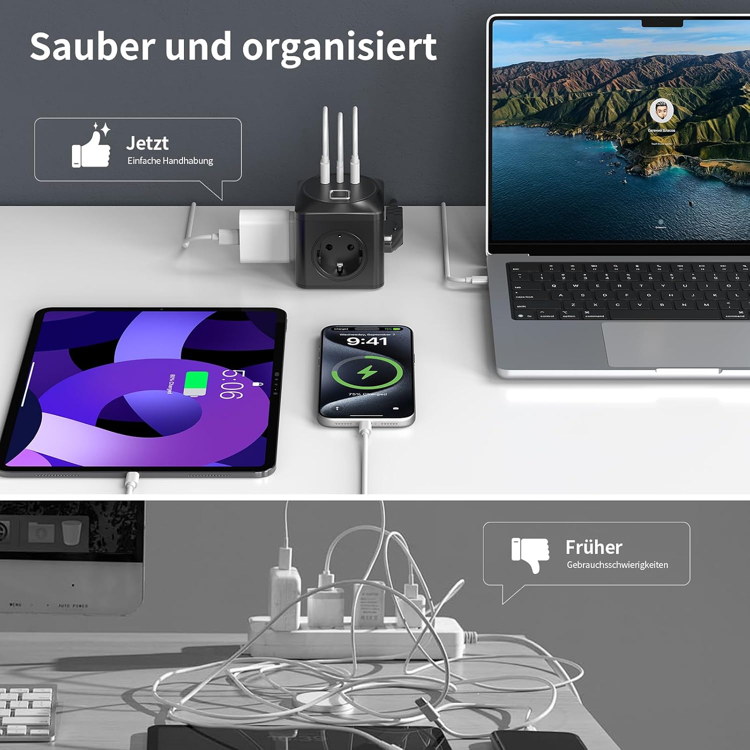 Thumbnail 6 de Steckdosenwürfel mit USB – 6-in-1 USB-Steckdosenleiste, 3x EU-Steckdosen + 2x USB-A + 1x USB-C, 3680 W, PD 20 W, 2 m Kabel, Schutz