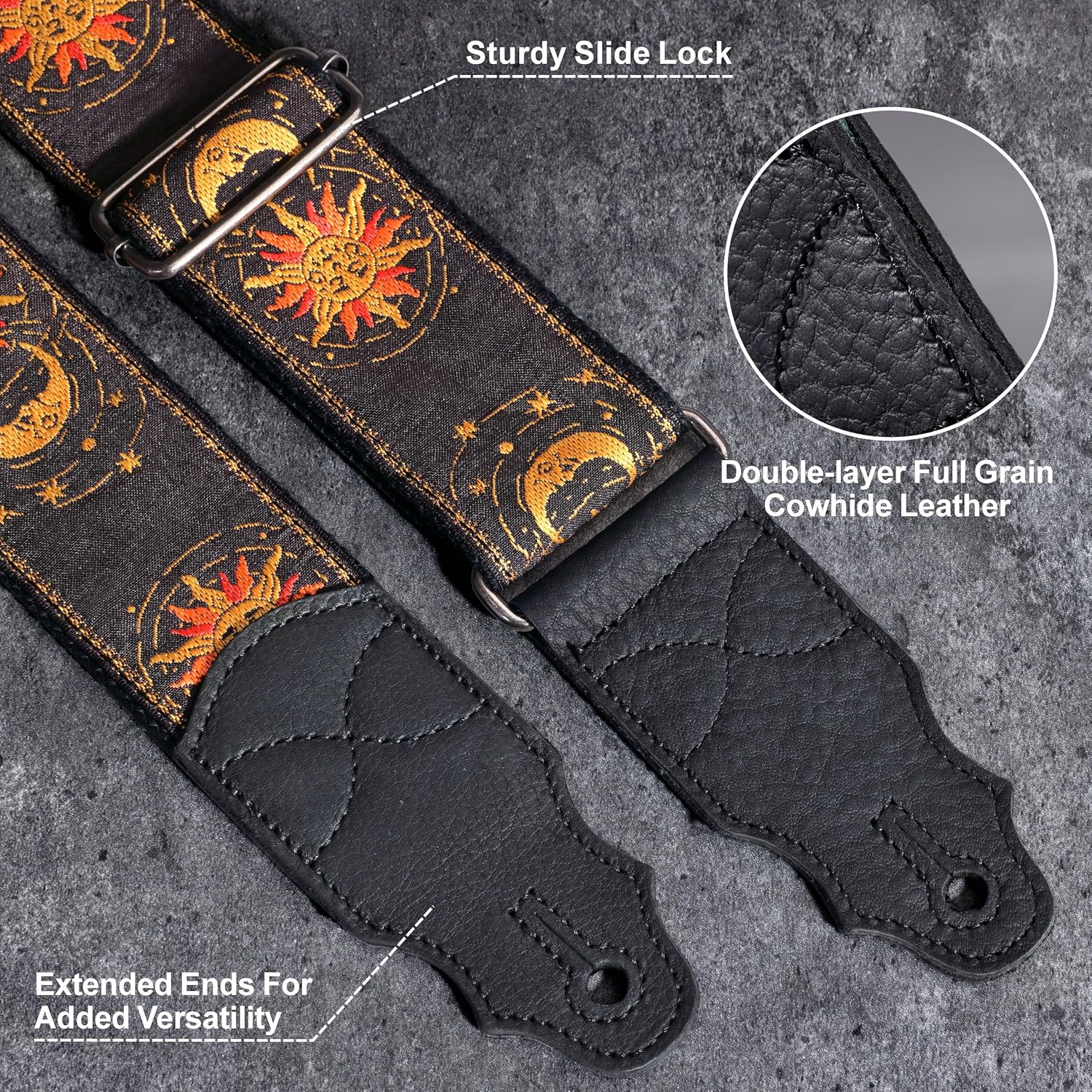Detalle 2 de YIKOKO Gitarrengurt aus Rindsleder „Kopfschicht“-Design, verstellbar 38–64 Zoll