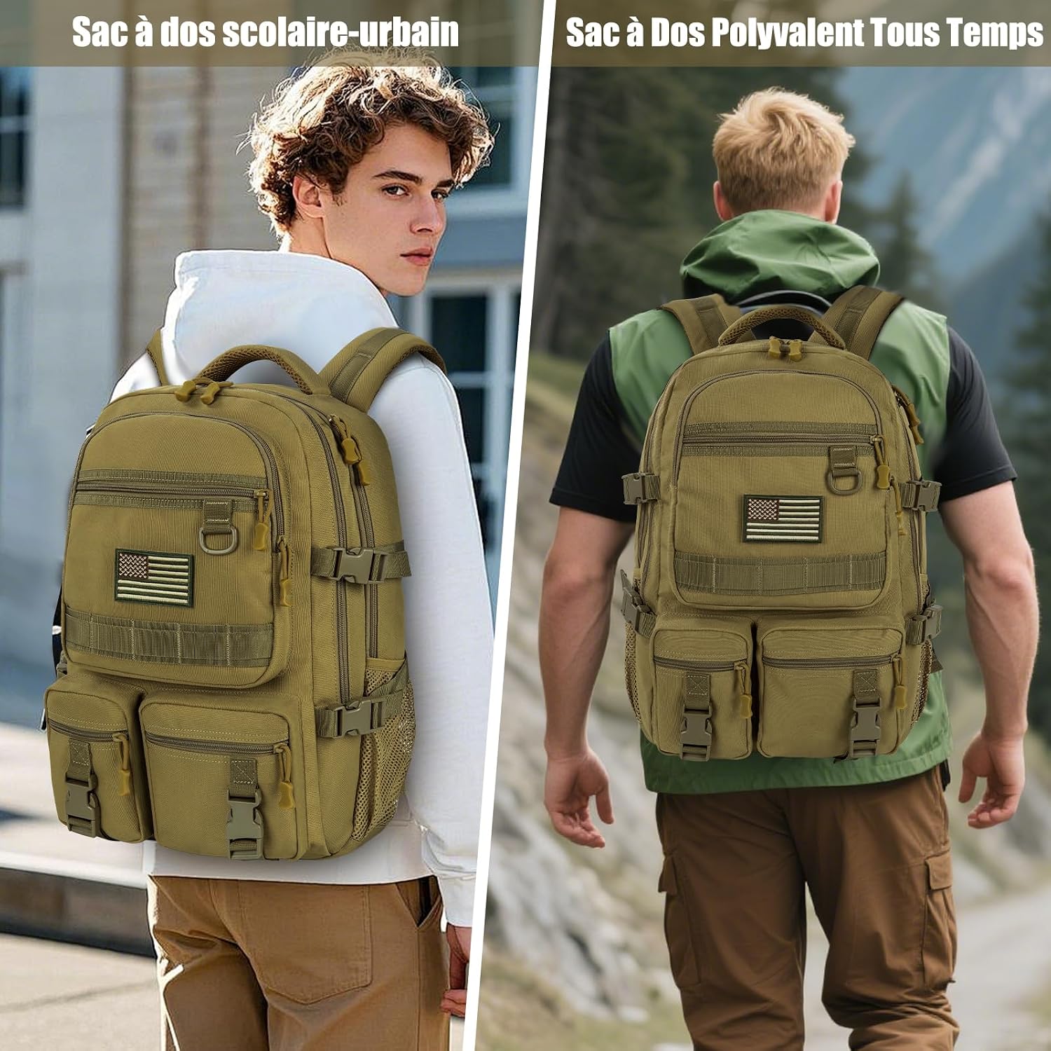 Detalle de FRONET Cartable Garçon/Fille Adolescent et Enfant 50×35×23 cm – Grand sac à dos 17,3" multi-compartiments, kaki