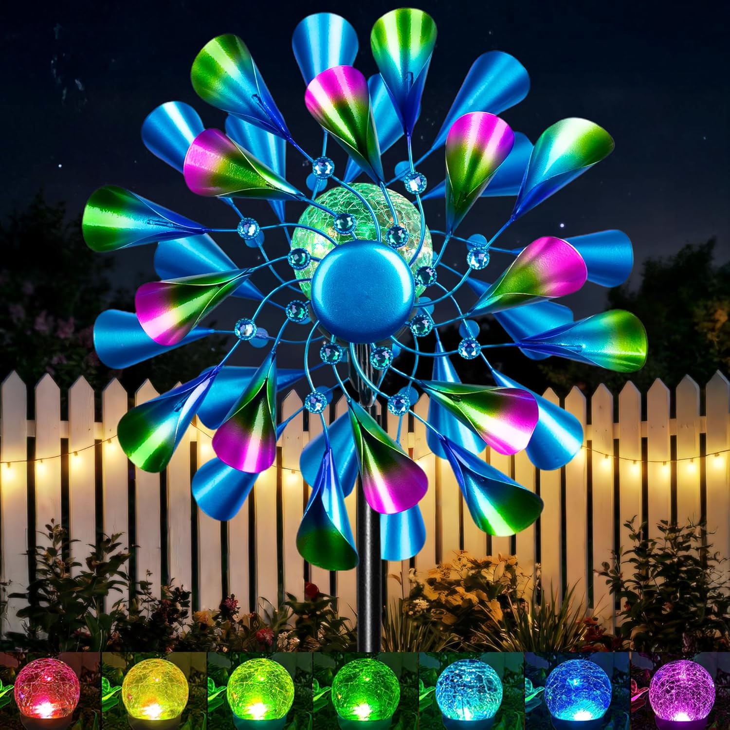 Detalle de Solar Wind Spinner Outdoor Metal – Peacock Kinetic Garden Sculpture with Color-Changing LED Lights