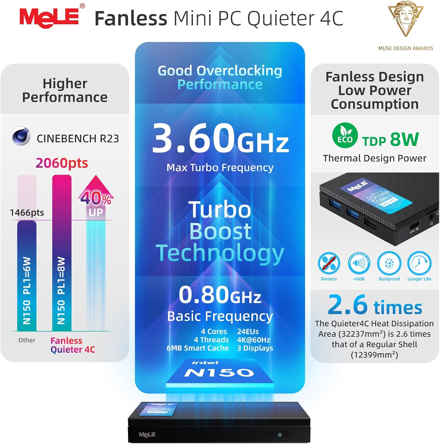 Thumbnail 2 de MeLE Quieter 4C N150 Fanless Mini PC (4C/16GB/512GB) with Dual HDMI and Full-function USB-C
