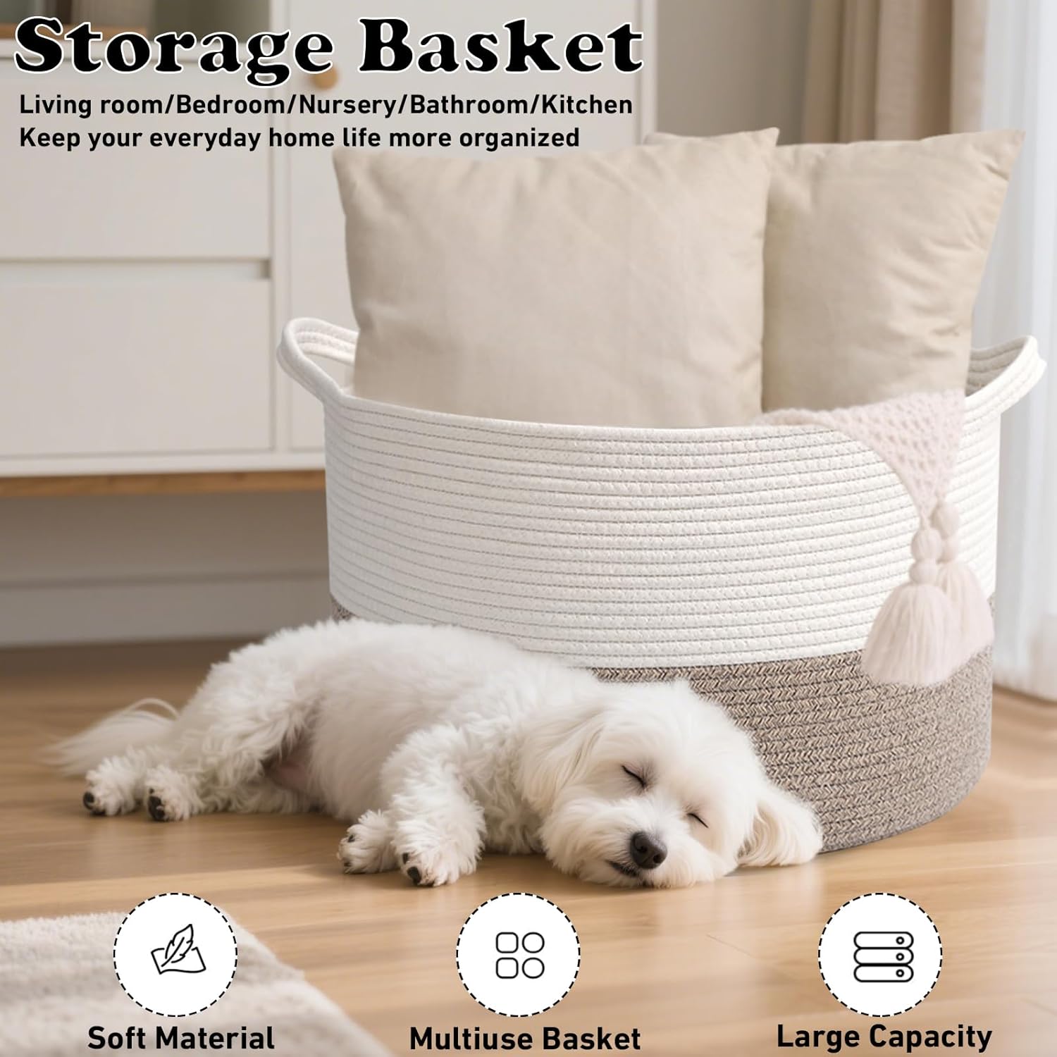 Thumbnail 6 de HZFTJOY 65L Large Blanket Basket (19.7 in x 19.7 in x 13 in) Rope Woven Storage Bin with Handles