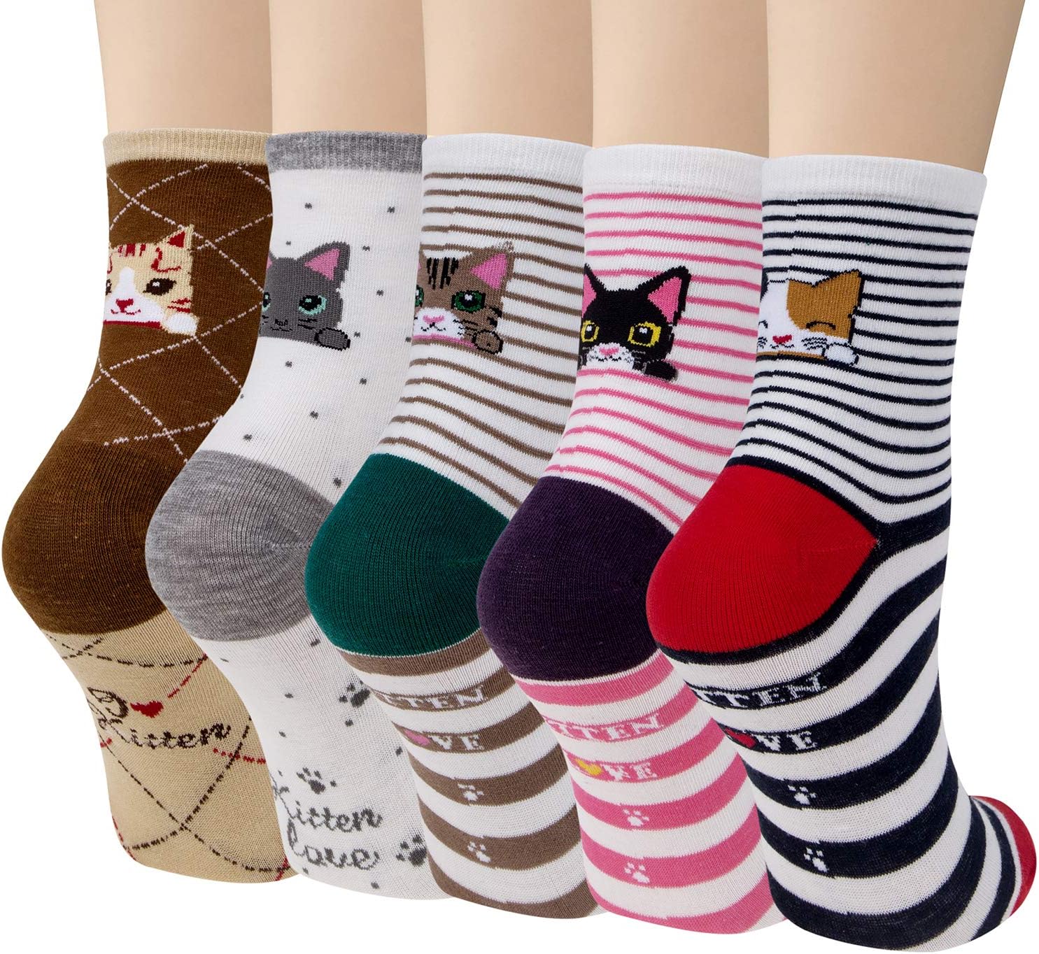Thumbnail 6 de Womens Socks Ladies Breathable Soft Cotton Crew with Cute Dog Animal Patterns – 5 Pairs, Multicolour