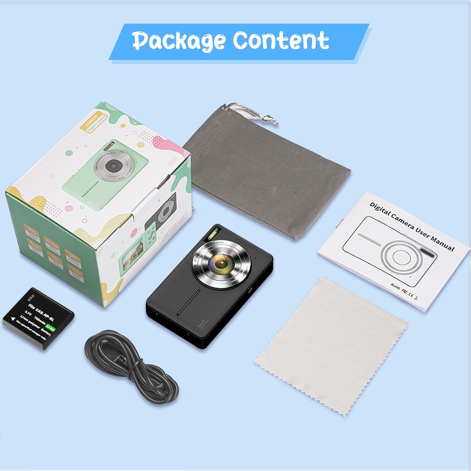 Thumbnail 6 de Digital Camera 1080P 44MP Vlogging Camera for Kids & Teens – 2.4" Screen, 16x Zoom, Anti-Shake, USB Webcam (Black) (No SD Card)