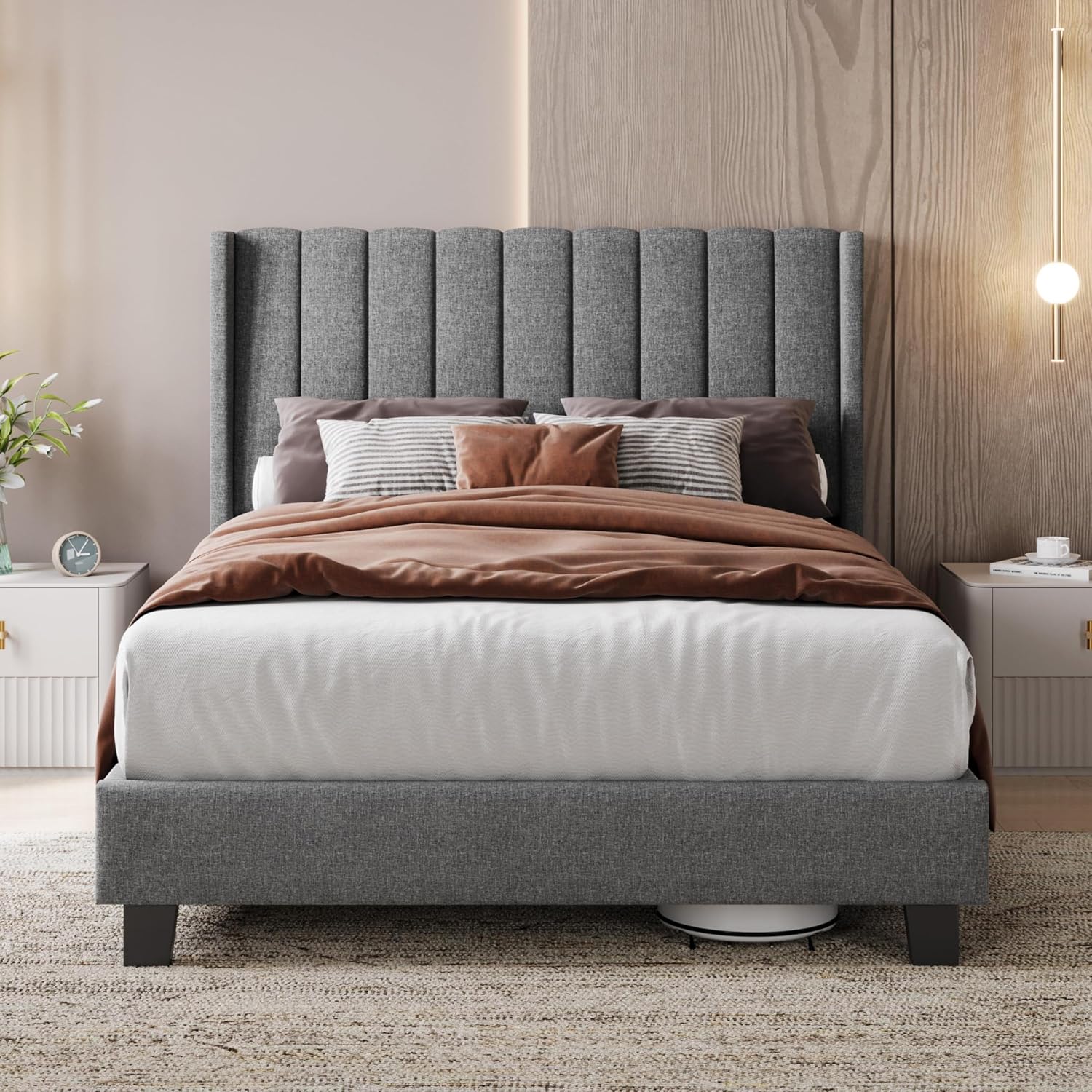 Detalle de Yaheetech Cama tapizada 140x200 Gris Claro