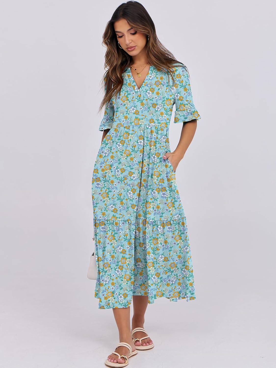 Thumbnail 4 de ANRABESS Women's Summer Maxi Dress: Casual Ruffle Short Sleeve V-Neck Boho Flow with Pockets