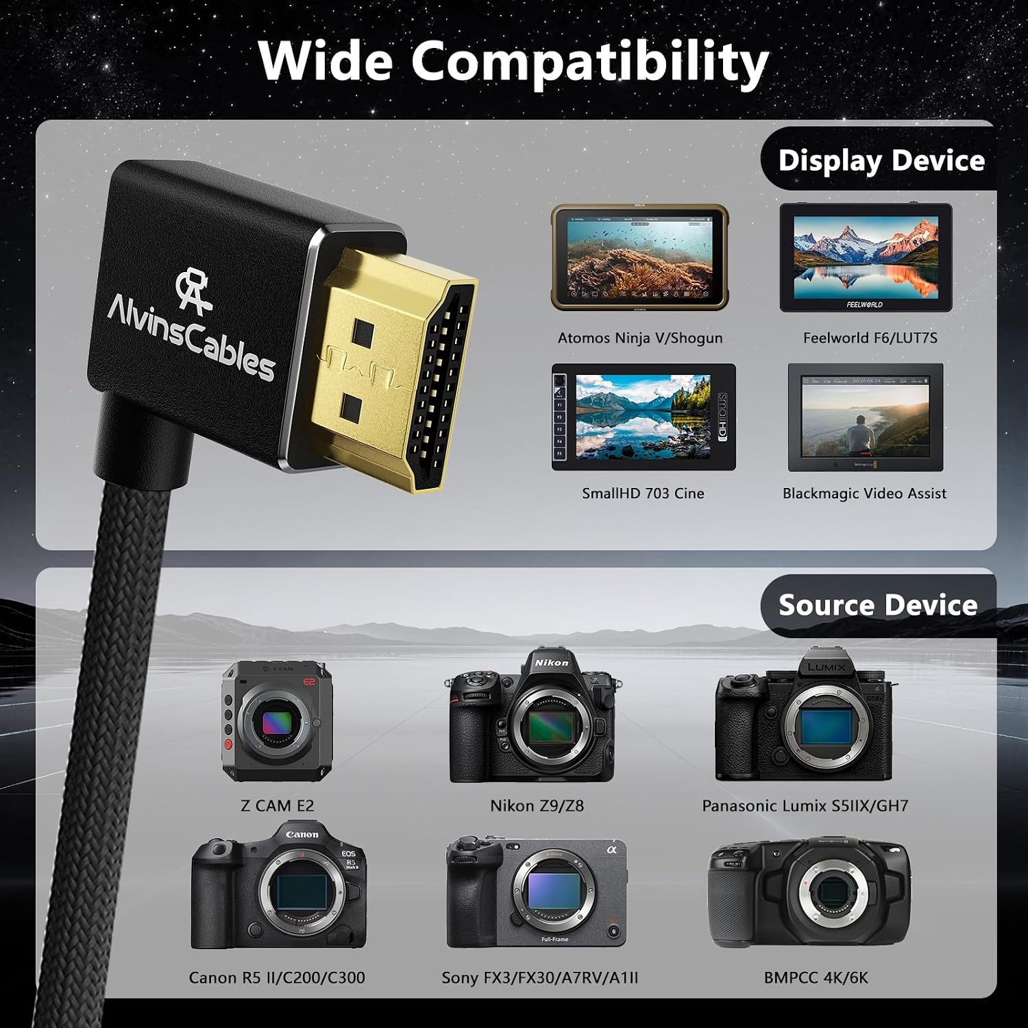 Detalle de Alvin's Cables 8K HDMI 2.1 Braided Left-to-Right Angle Cable (30–45 cm) for Atomos Ninja V, Portkeys BM5, Feelworld, and More