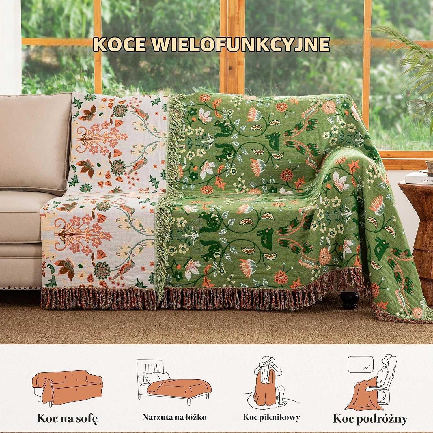 Detalle de Dormilin EU-HA-SZLST-LYXZ-200230 – narzuta boho 200 × 230 cm, dwustronny muślin z frędzlami