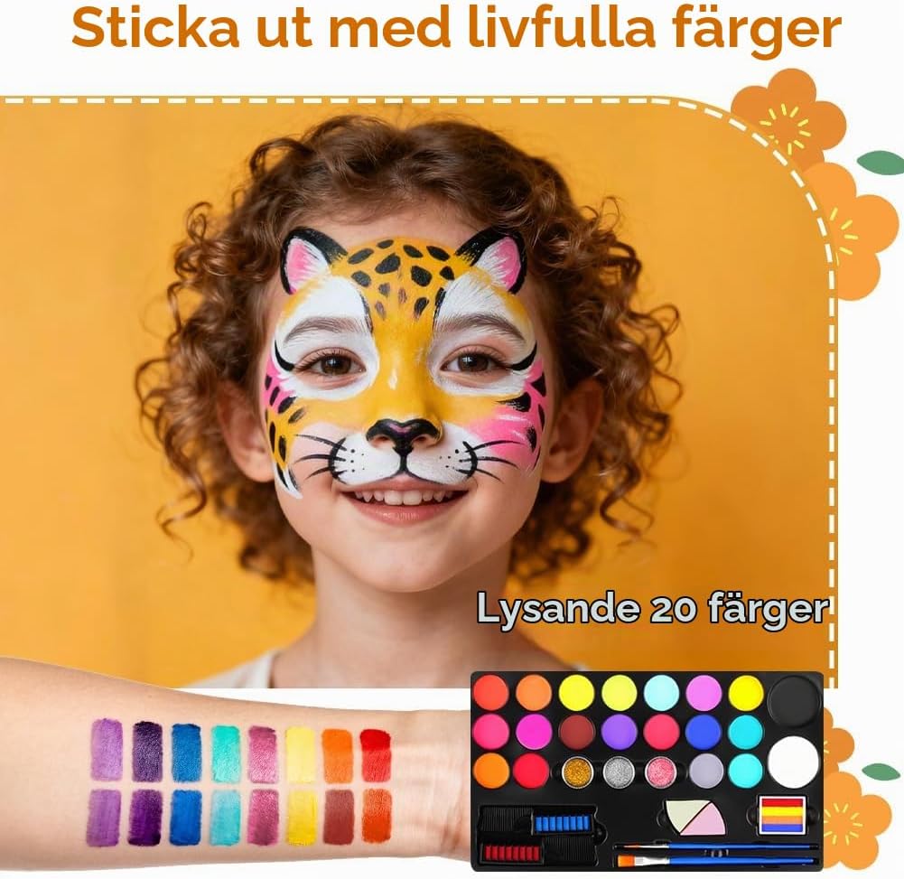 Detalle de Alaoo ansiktsfärg för barn och vuxna, oljebaserad med 20 färger och tillbehör
