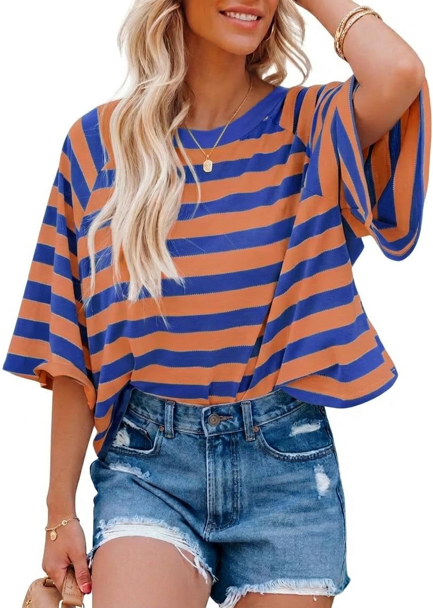 Detalle de Chicrise Damen Oversize Ringelshirt – Sommer Kurzarm Top im Streifenlook