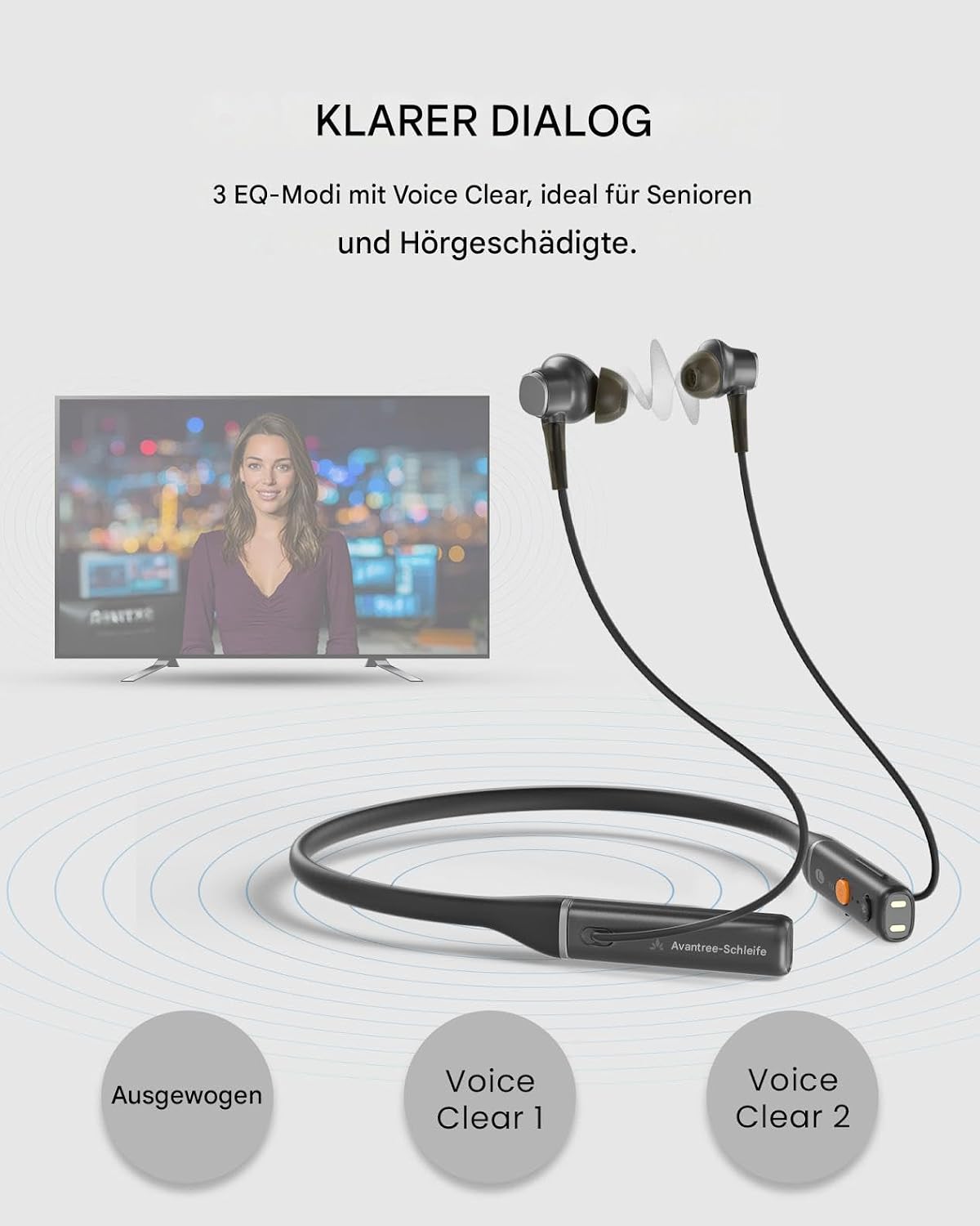 Detalle de Avantree Loop – Auracast & Bluetooth Nackenbügel-Kopfhörer: niedrige Latenz, 3 EQ-Modi, ideal für TV, PC, Smartphone