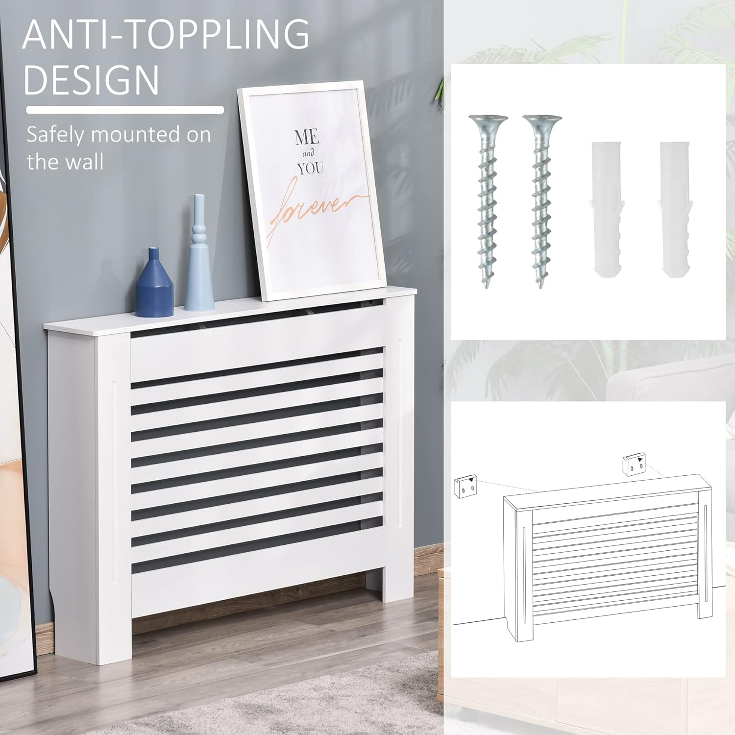 Thumbnail 5 de HOMCOM Cache-radiateur design à lattes 112x19x81 cm – MDF blanc