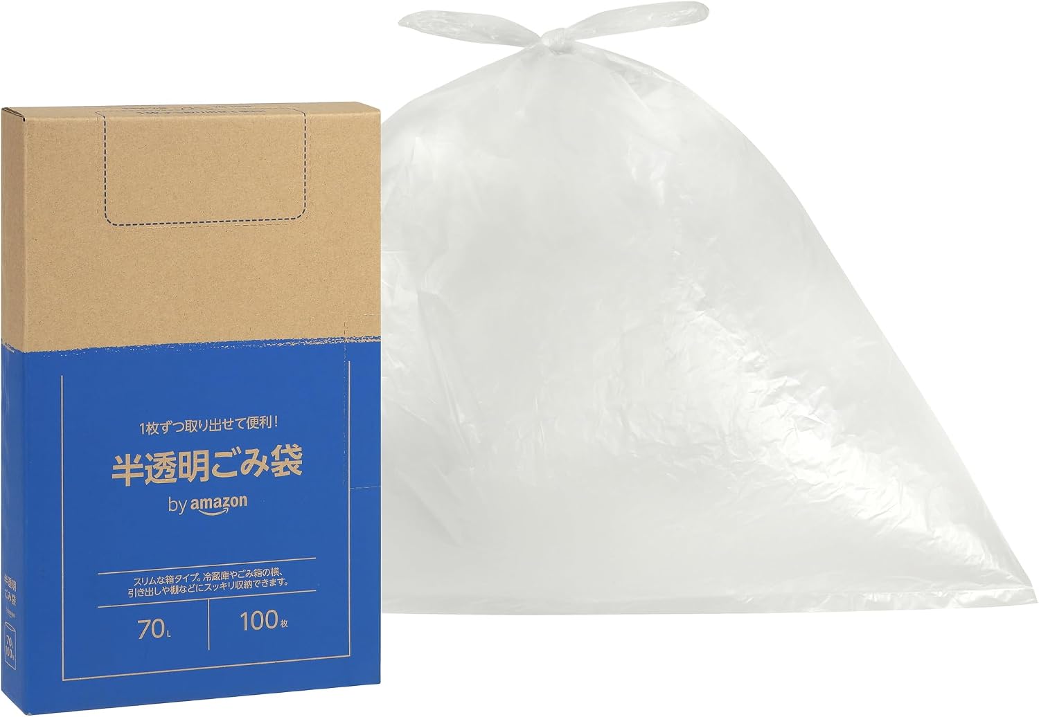 Detalle de by Amazon ごみ袋 70L 半透明 100枚入り シャカシャカタイプ 高密度ポリエチレン