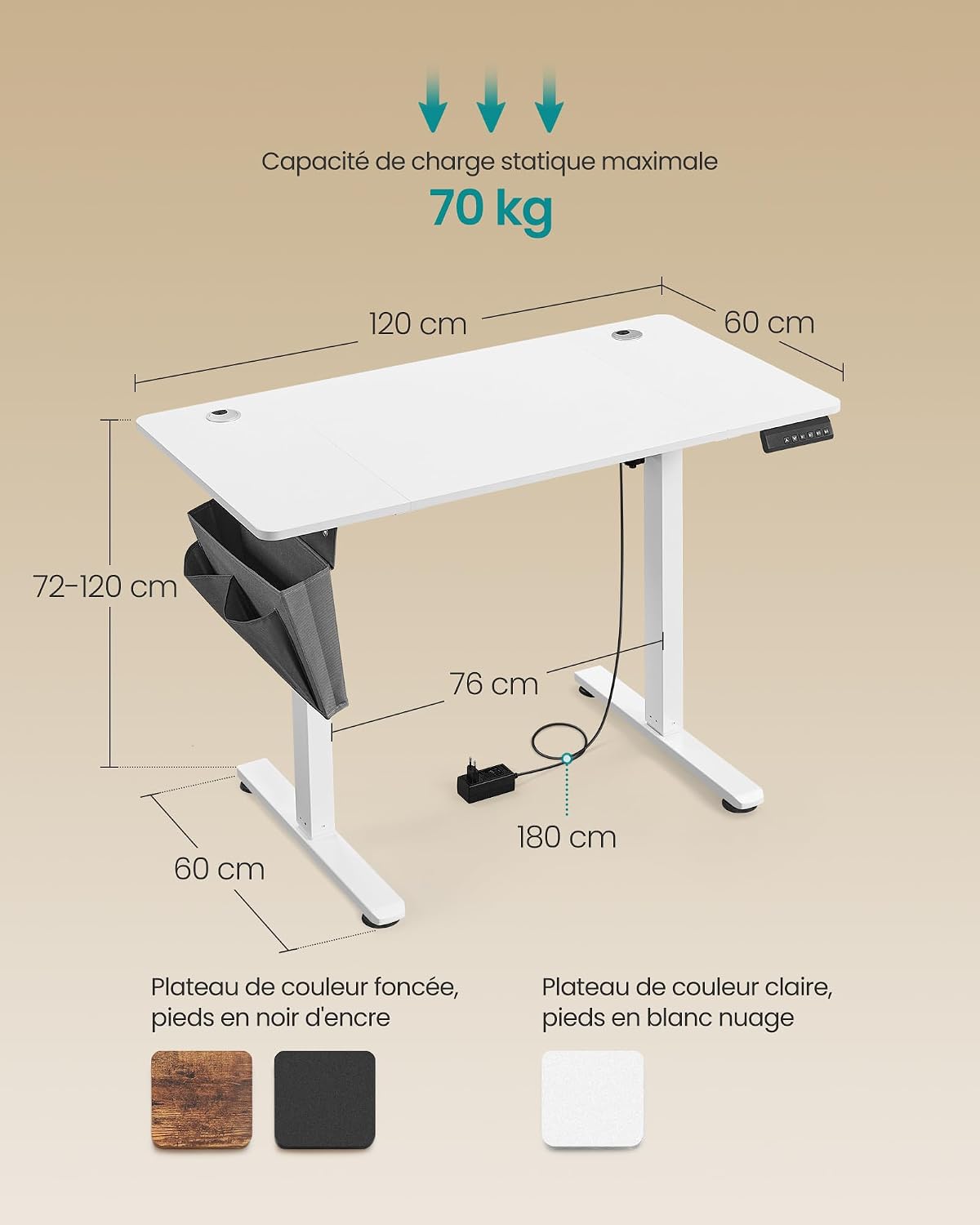 Detalle de SONGMICS LSD132W01 elektrisch zit-sta-bureau, 120 x 60 cm, wit