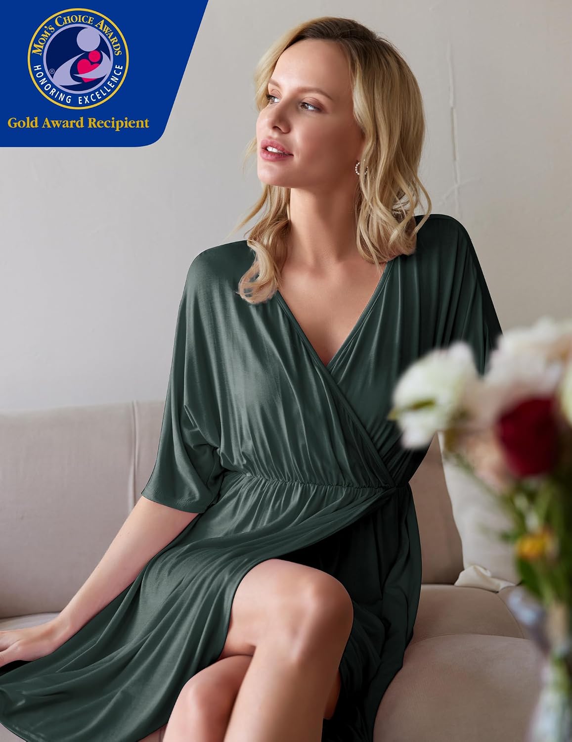 Detalle 2 de Ekouaer AMK005435 Maternity Nursing Gown with Stretch Fabric and Split Front