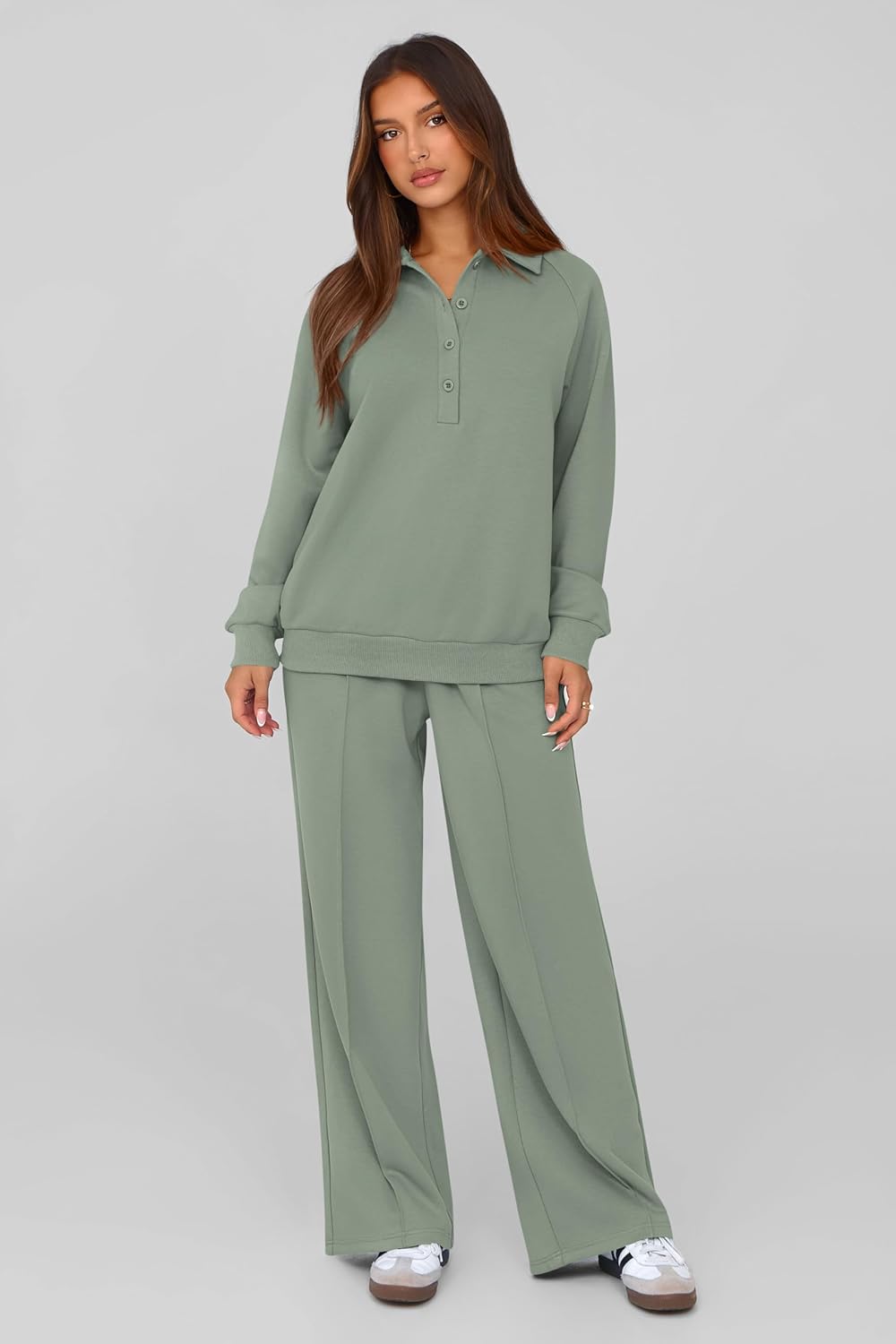 Thumbnail 5 de PRETTYGARDEN Women Fall 2 Piece Outfits: Quarter Button Sweatshirt + Wide Leg Pants Travel Lounge Set