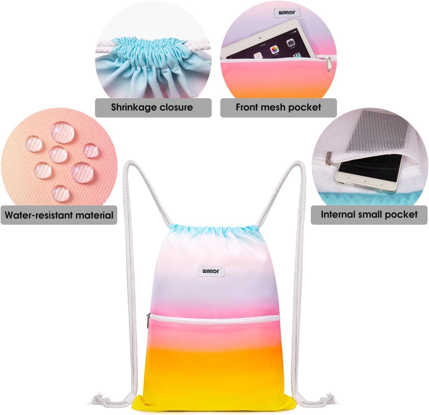 Detalle de WANDF Rucksack mit Kordelzug – 11 Liter, wasserabweisendes Polyester, Innentasche