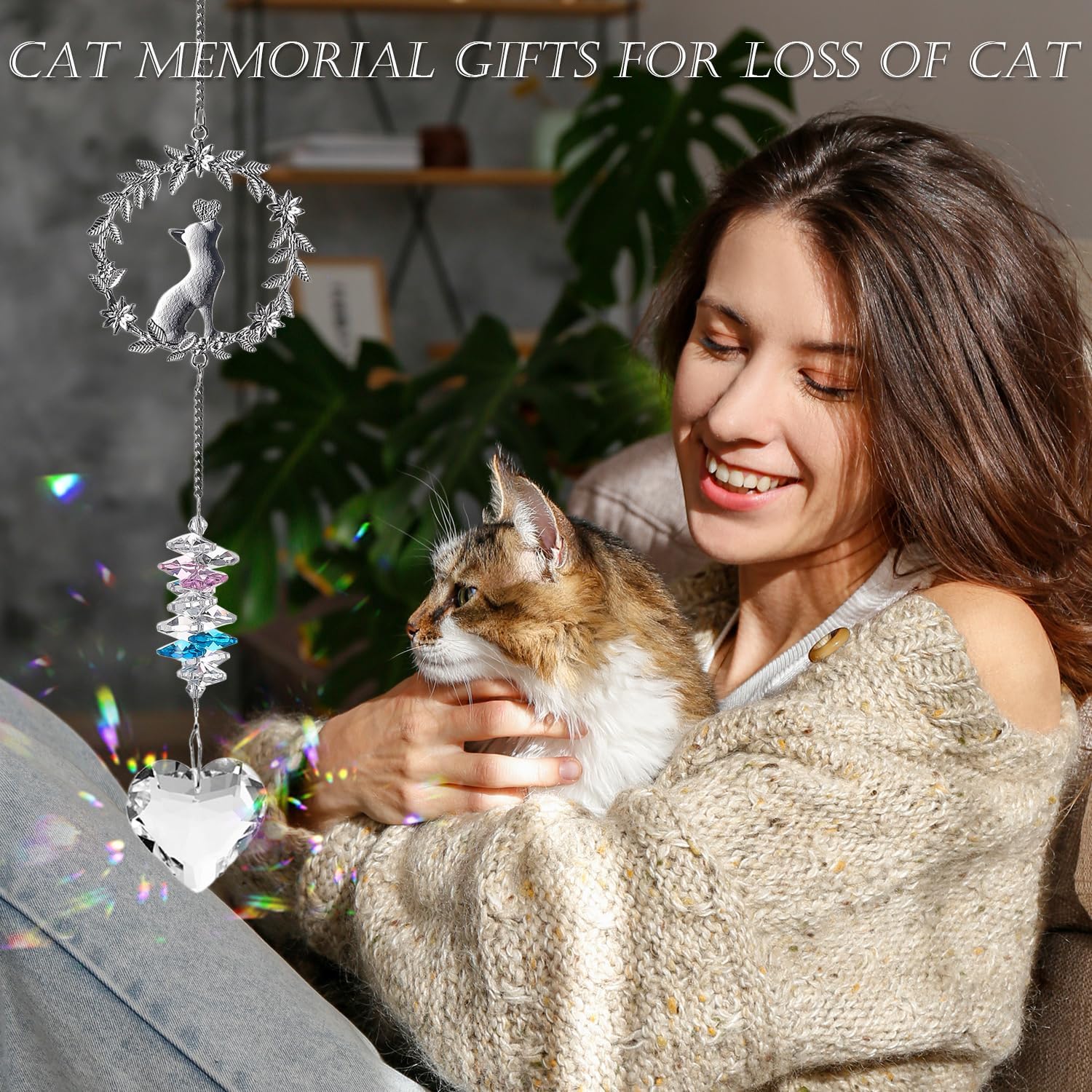 Detalle 2 de HEGELDA Cat Memorial Crystal Suncatcher, White Heart Hanging Keepsake