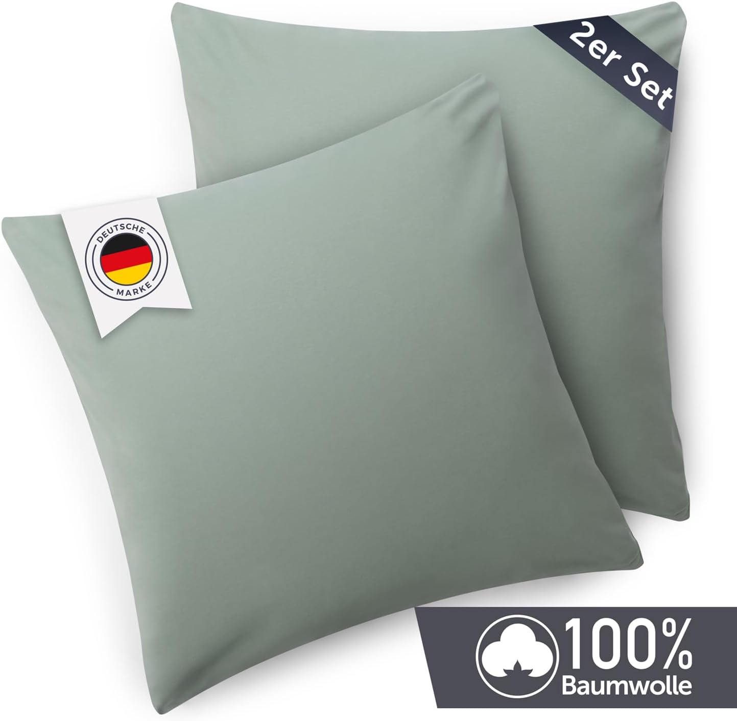 Detalle 2 de Blumtal Kissenbezug 40x40 cm (2er Set) – Hellgrün, 100% Baumwoll-Jersey, Oeko-Tex