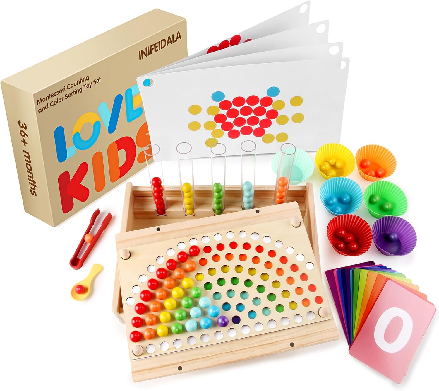 Detalle de INIFEIDALA Montessori Toddler Sorting Toys Set (Rainbow Peg Board, Numbers & Beads) for Ages 3–6