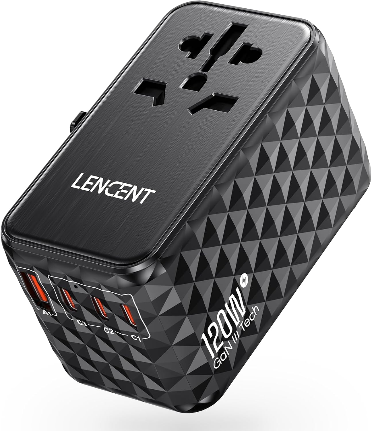Detalle de LENCENT Adaptateur de Voyage International 120W — 4 prises interchangeables et 1 USB-A + 3 USB-C PD
