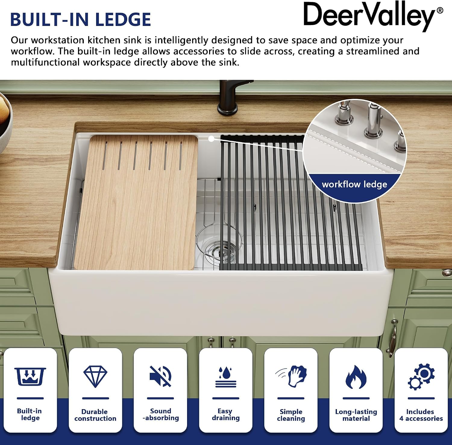 Detalle de DeerValley DV-1K0161W 33-Inch White Fireclay Workstation Farmhouse Sink
