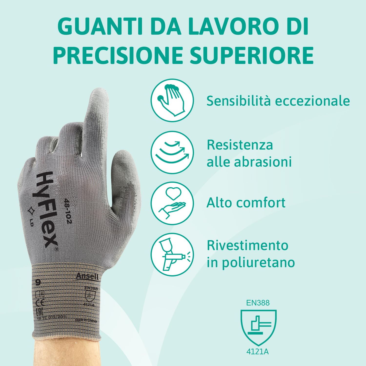 Detalle de Ansell HyFlex 48-102 Guanti da Lavoro Sottili XL, Fodera Elastica con Rivestimento in Poliuretano, Grigio, 12 Paia