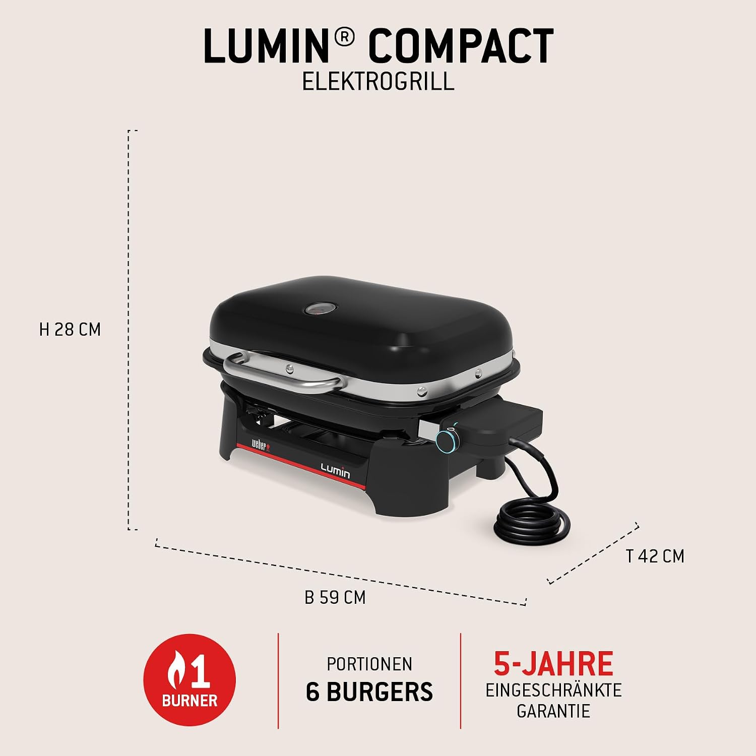 Detalle 2 de Weber Lumin Compact: Tragbarer Elektrogrill mit Deckelthermometer, 43 × 32 cm, Porzellanemaillierte Gusseisenroste