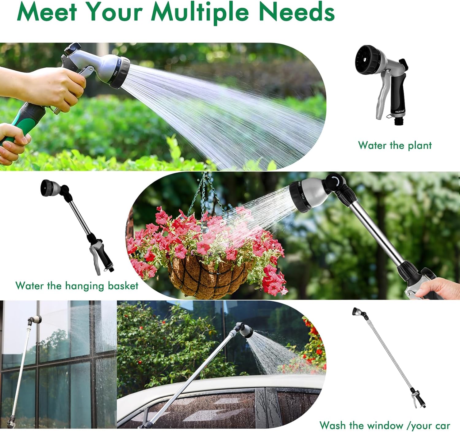 Thumbnail 4 de RESTMO 91–152 cm telescopic metal watering wand with 180° ratcheting head and 7 spray patterns