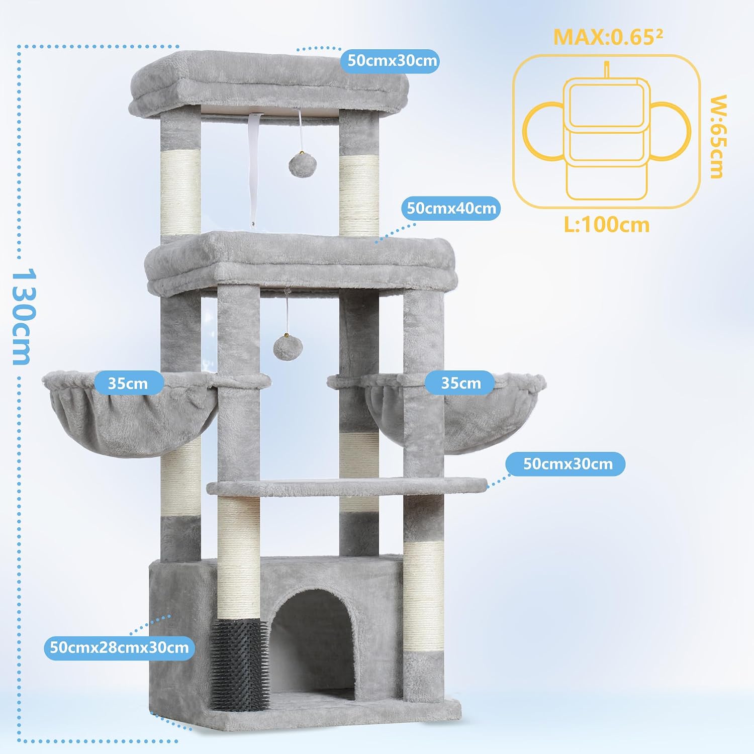 Detalle de Hey-brother Arbre à chat MPJ070W pour Maine Coon : 2 plateformes, 2 hamacs et brosse de toilettage
