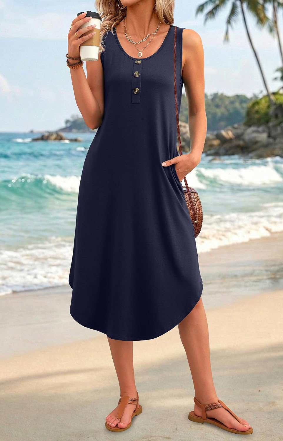 Thumbnail 1 de WIHOLL Summer Dresses for Women 2026 Button Front Sleeveless Midi Dress with Pockets