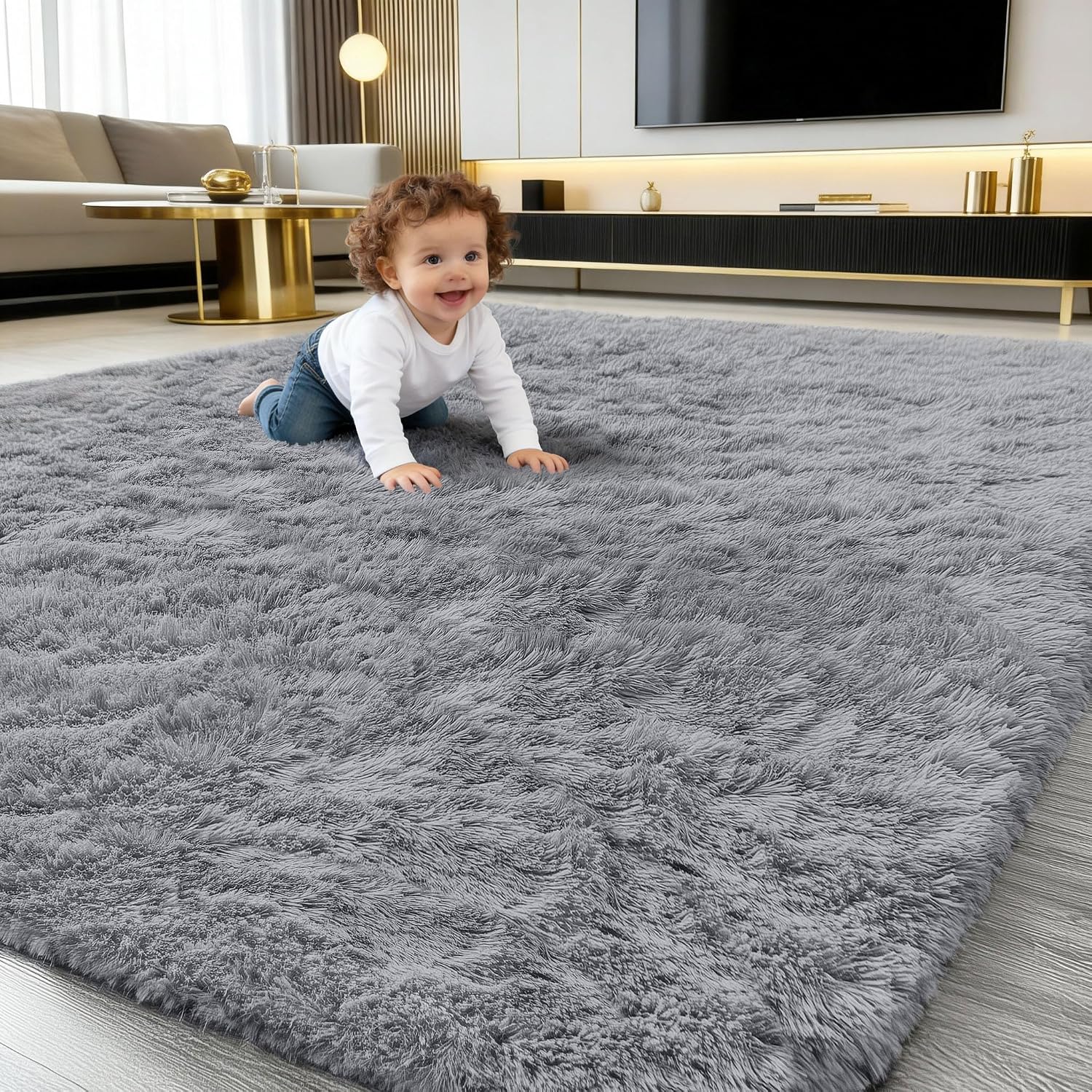 Detalle de smiry Fluffy High Pile Rug (120 x 160 cm) – anti-slip shaggy, machine washable, grey