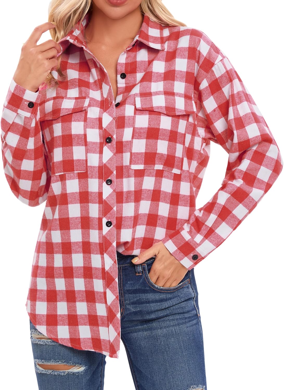 Detalle 2 de Timuspo geruite damesblouse van flanel met V-hals en lange mouwen