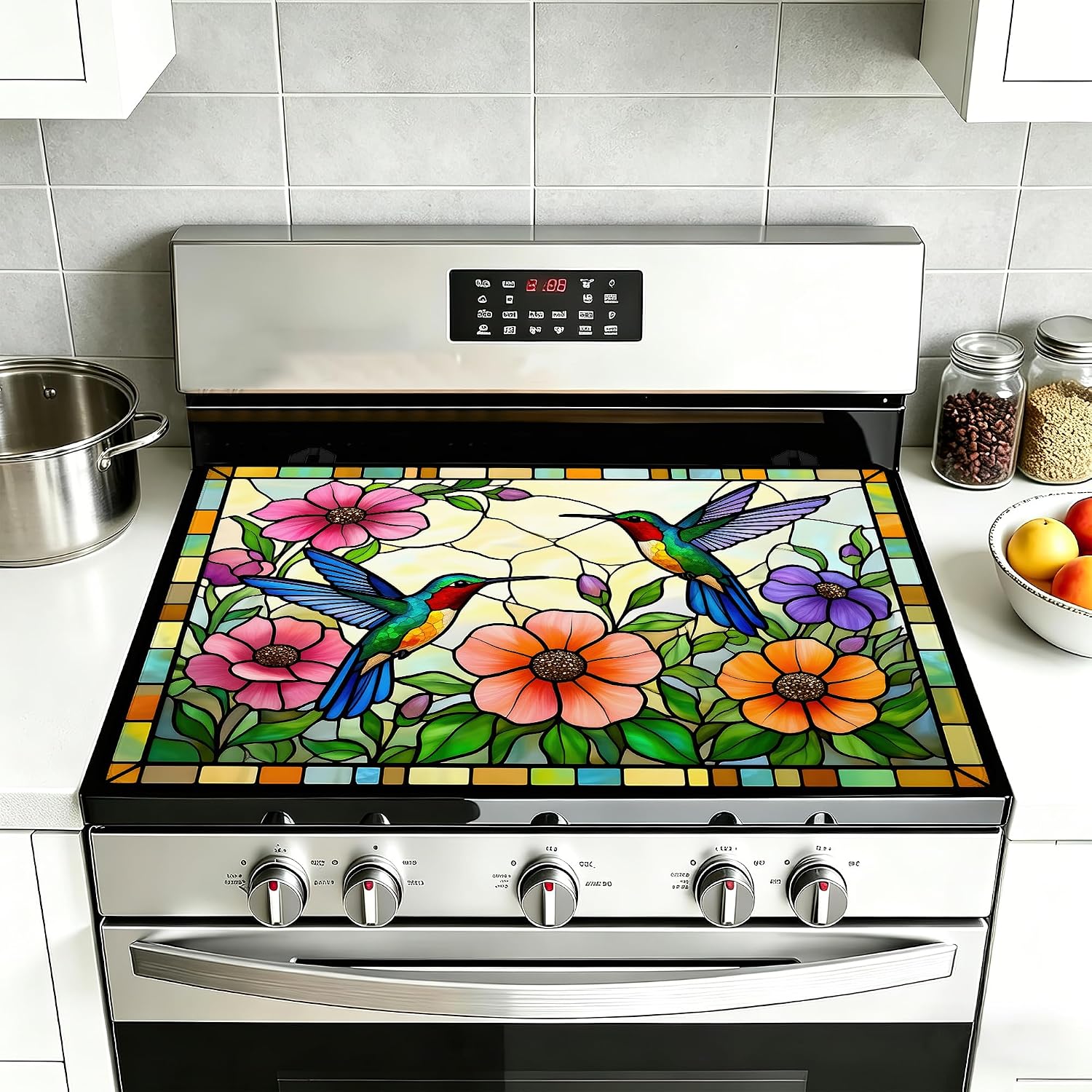 Detalle de YIKTI Vintage Hummingbird Stove Top Cover, 28 x 20 Inch, Heat-Resistant