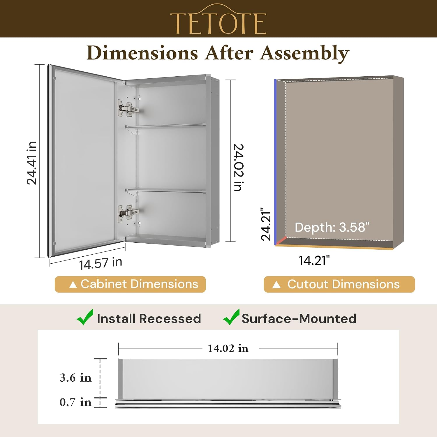 Thumbnail 1 de TETOTE 14 x 24 Medicine Cabinet with Tempered Beveled Mirror
