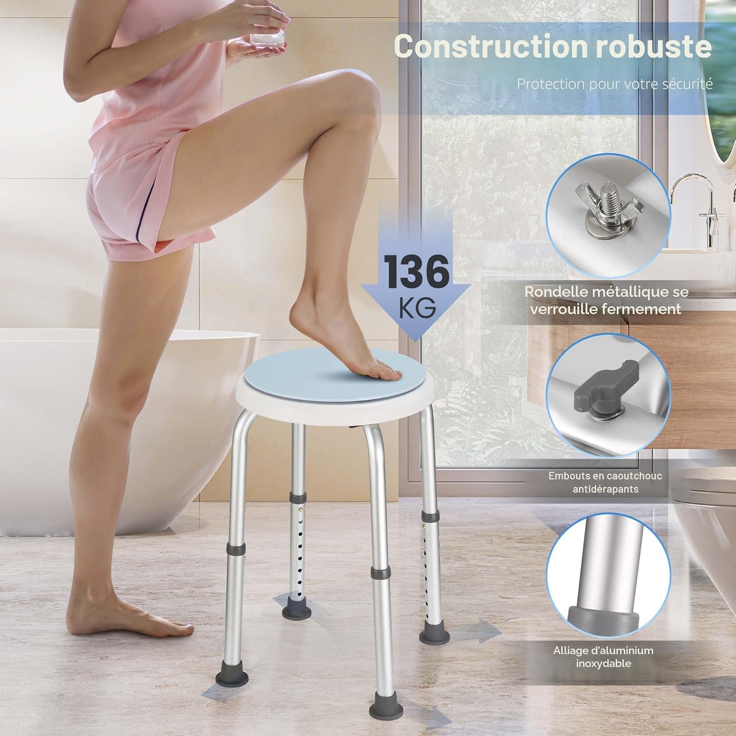 Thumbnail 3 de Careboda Tabouret de Douche pivotant à 360°, hauteur réglable 34–52 cm — stabilité et confort pour personnes âgées