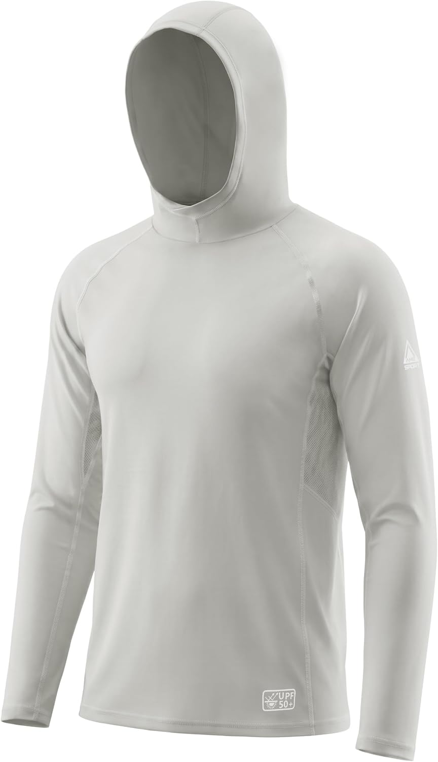 Detalle de AMZSPORT Felpa Uomo con Cappuccio UPF 50: Protezione UV Rashguard a Maniche Lunghe per Pesca, Escursionismo e Outdoor