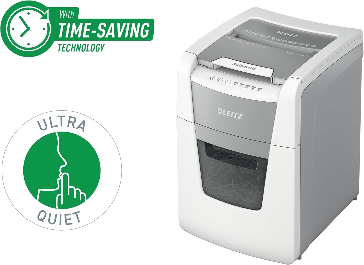 Detalle de Leitz IQ 80120000 Destructeur de Documents – coupe micro sécurité P5, 100 feuilles, corbeille 34 L, blanc
