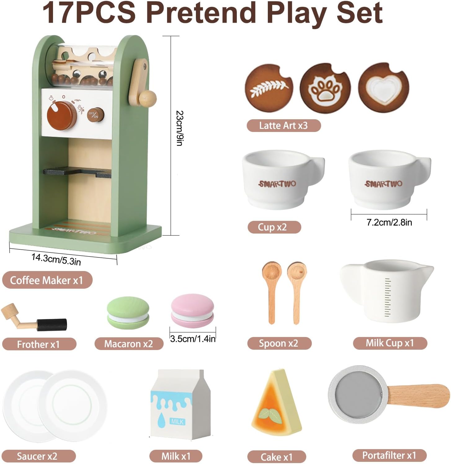 Thumbnail 2 de Smartwo Kinder-Holz-Kaffeemaschine mit Mühle – 17-teiliges Spielset für die Spielküche, grün (ab 3 Jahren)