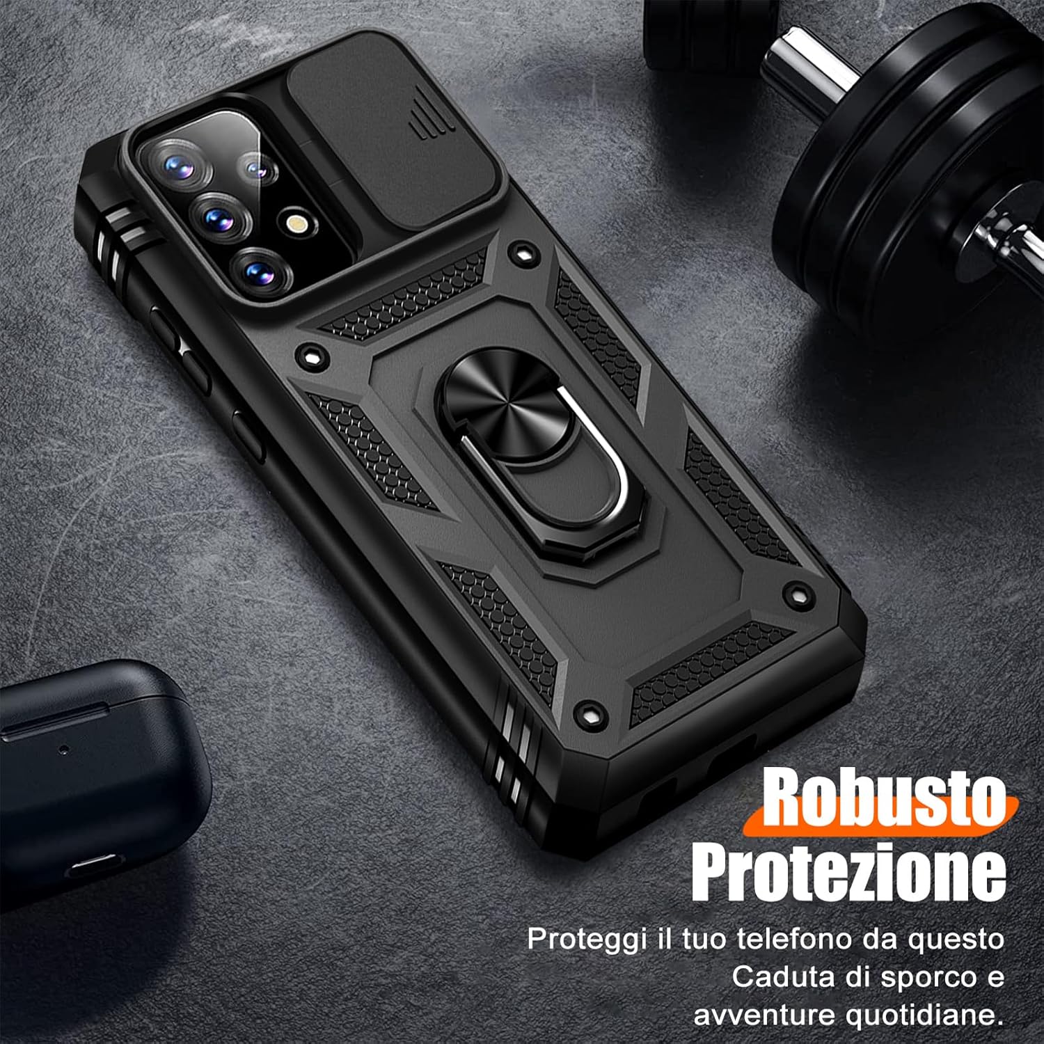 Detalle de Giyer Cover per Samsung Galaxy A53 5G: custodia con vetro temperato, protezione militare e supporto rotante 360°