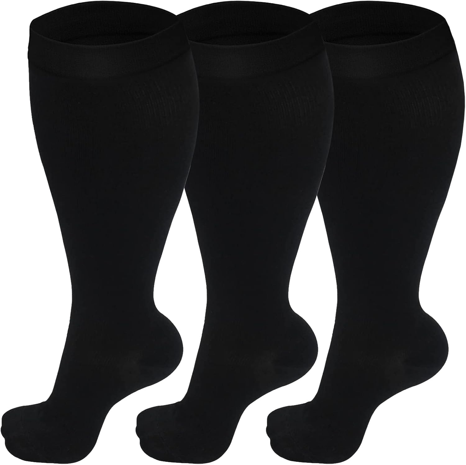 Detalle de MEQUER Plus Size Compression Socks, 20–30 mmHg, Wide-Calf Knee-High, 3 Pairs