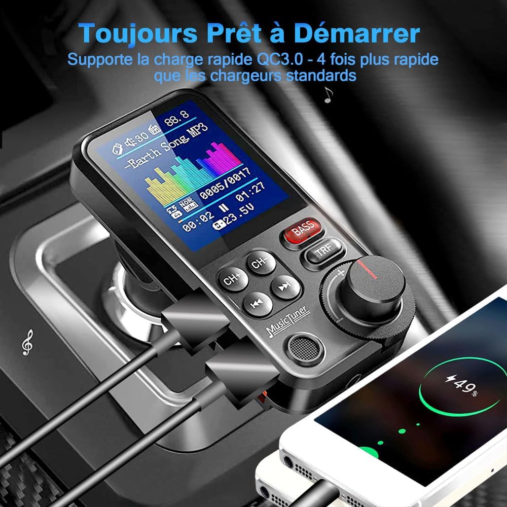 Thumbnail 6 de GizmoVine Transmetteur Bluetooth Voiture – Allume-cigare, USB QC3.0 et Écran couleur 4,5 cm