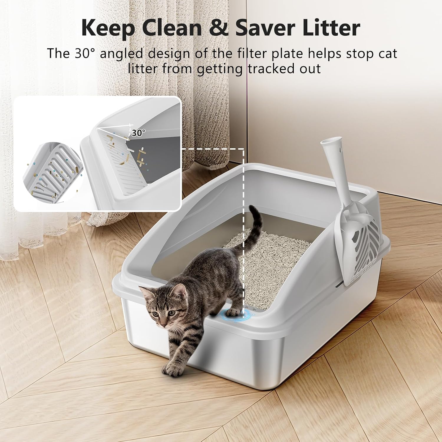 Thumbnail 1 de FURTIME Stainless Steel Cat Litter Tray with Detachable Enclosure and Lid (44x33x21cm) – Silver Grey