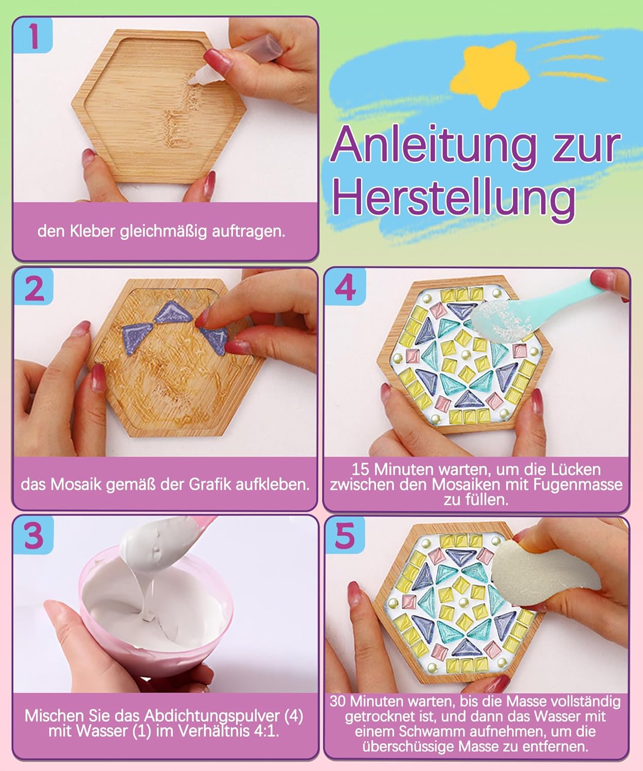 Detalle 2 de Finsink Mosaik Bastelset für Kinder – 4er Untersetzer-Set aus Holz mit Glas-Mosaiksteinen