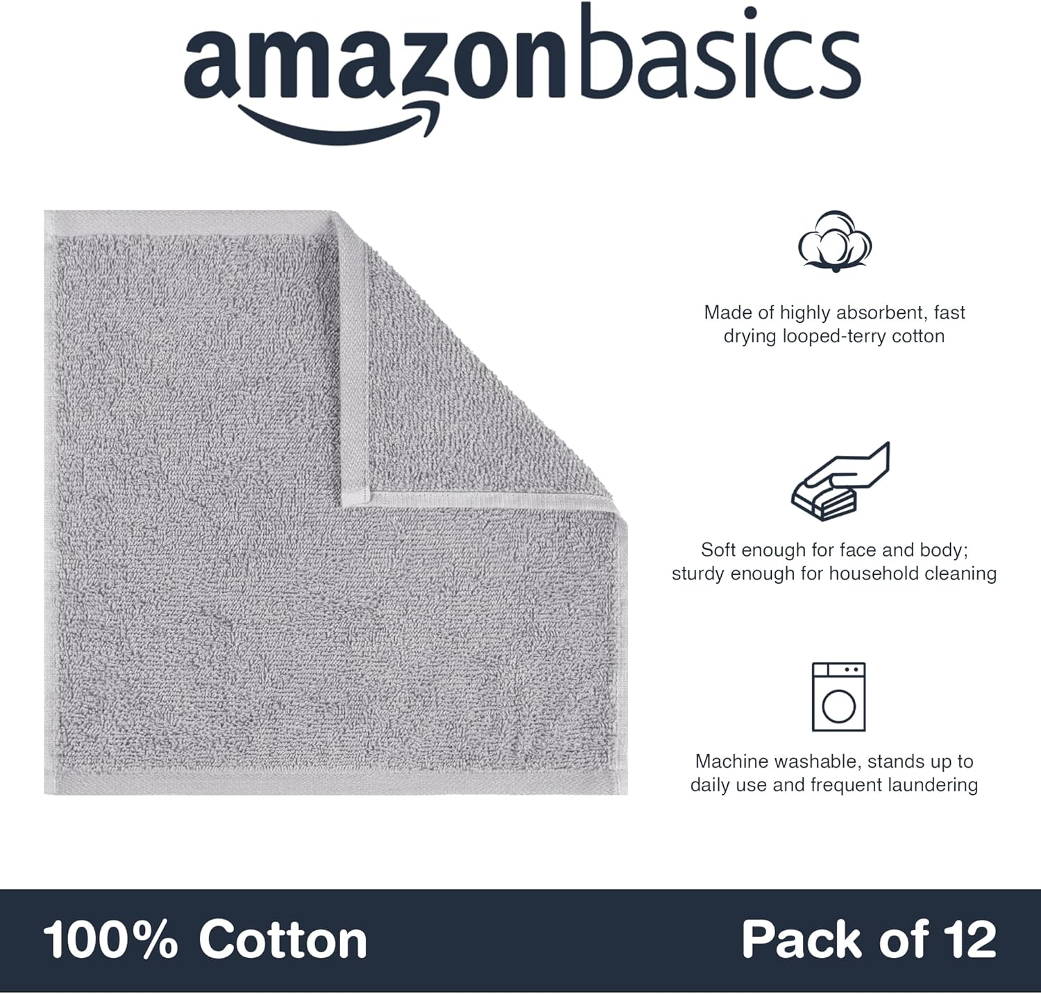 Detalle de Amazon Basics 12-Pack Face Towel Set, 30 x 30 cm, 100% Cotton, Grey