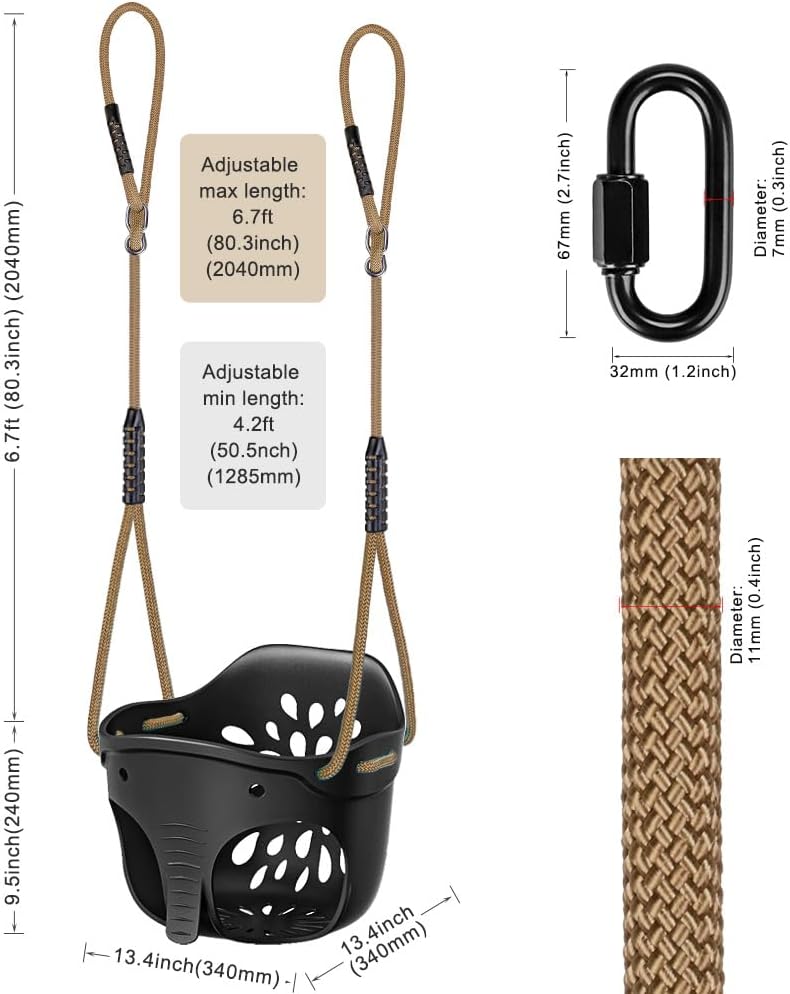 Detalle de SELEWARE Heavy-Duty High Back Full Bucket Toddler Swing Seat (Black) with locking carabiners