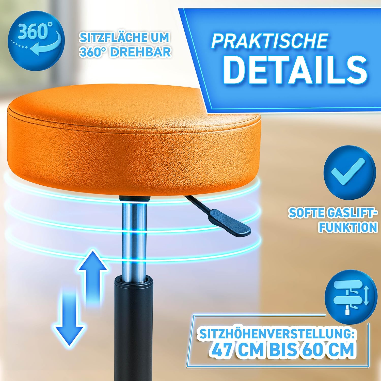 Detalle de TRESKO Rollhocker höhenverstellbar Orange – 360° Drehhocker, bis 150 kg