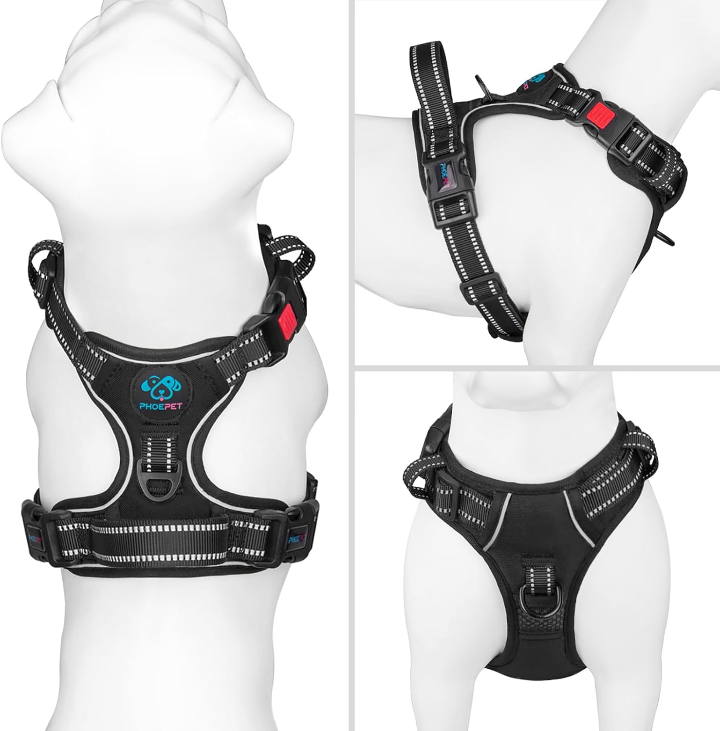 Detalle de PHOEPET No Pull Dog Harness (XL) – Adjustable Vest with Neck Buckle, Front & Back D-Rings, Reflective Strips