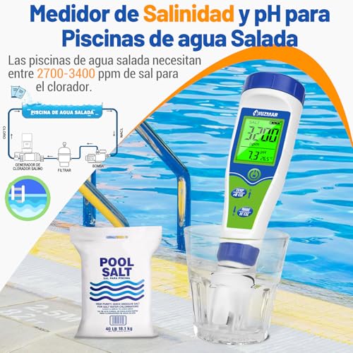 Detalle de UIUZMAR Medidor 5 en 1 de pH, Salinidad, TDS, CE y Temperatura para Piscinas, Acuarios y Spas